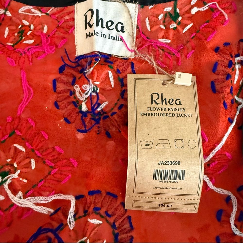 NWT Rhea Vibrant Rhea Red Hand-Embroidered Women's Kimono Style Sheer Jacket- OS - Picture 8 of 8
